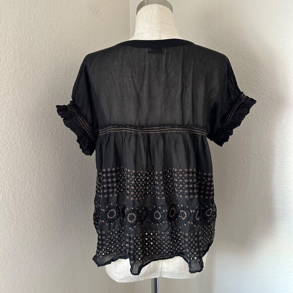 Max & Studio Crew Neck Blouse Slouchy Short Sleeve Ruffle Embroidered Eyelet Min - Picture 2 of 11